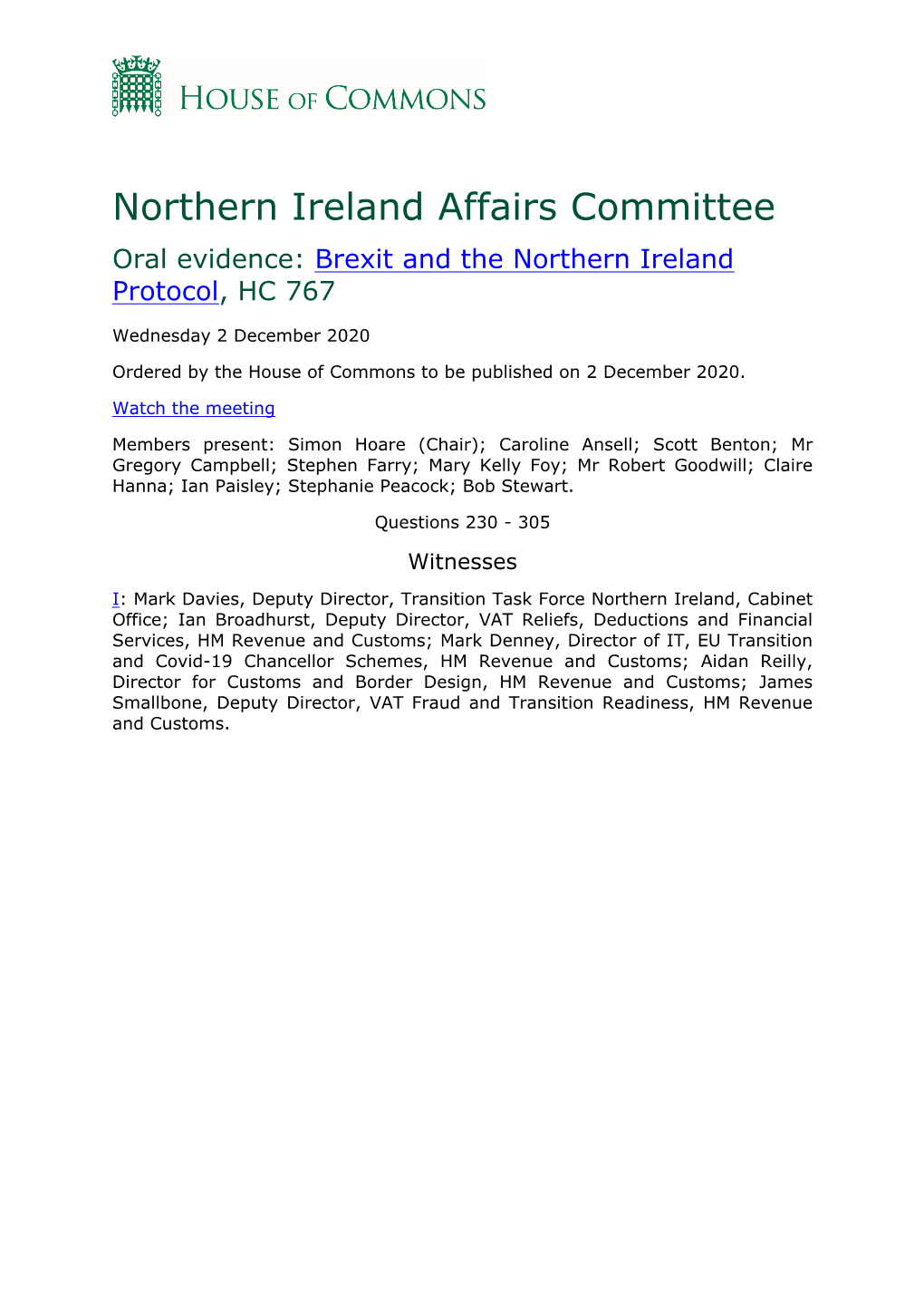 Northern Ireland Affairs Committee Oral Evidence: Brexit and the Northern Ireland Protocol, HC 767