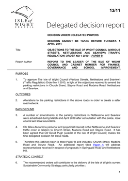 Various Streets, Nettlestone and Seaview) (Traffic Regulation) Order No 1 2010 – Paper B