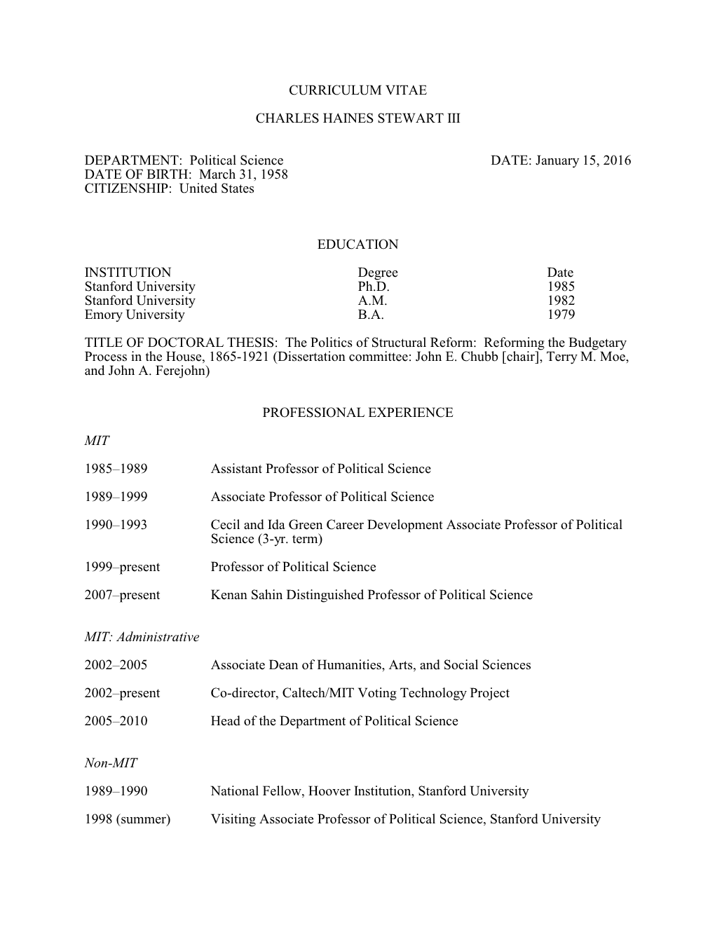 Curriculum Vitae Charles Haines Stewart Iii