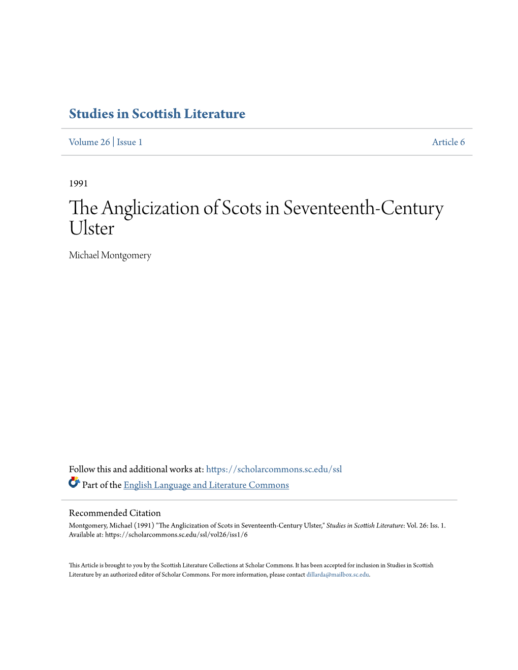 The Anglicization of Scots in Seventeenth-Century Ulster Michael Montgomery