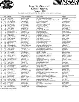 Entry List - Numerical Kansas Speedway Banquet 400 Provided by NASCAR Statistical Services - Fri, Oct 7, 2005 @ 10:08 AM Eastern