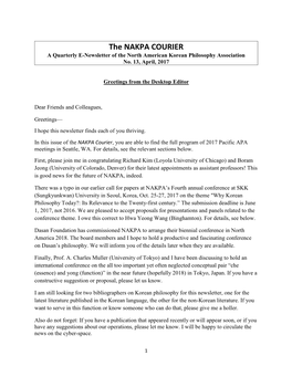 The NAKPA COURIER a Quarterly E-Newsletter of the North American Korean Philosophy Association No
