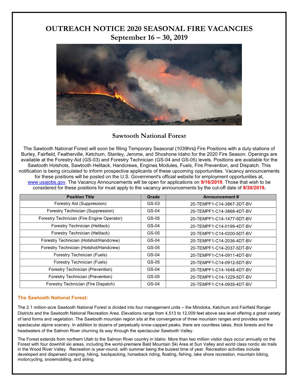 OUTREACH NOTICE 2020 SEASONAL FIRE VACANCIES September 16 – 30, 2019