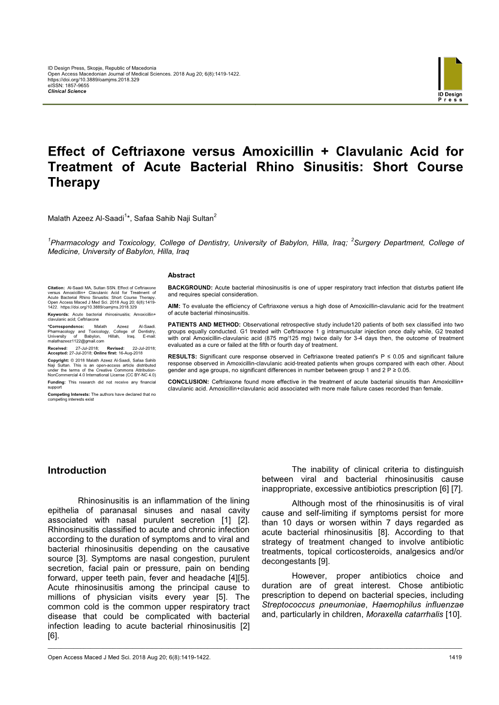 Effect of Ceftriaxone Versus Amoxicillin+ Clavulinic Acid For