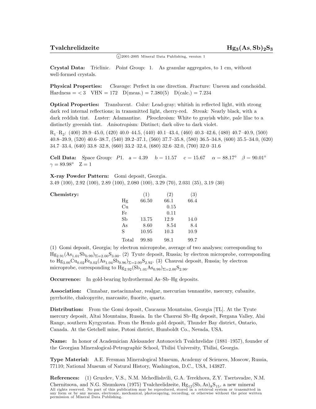 Tvalchrelidzeite Hg3(As, Sb)2S3 C 2001-2005 Mineral Data Publishing, Version 1