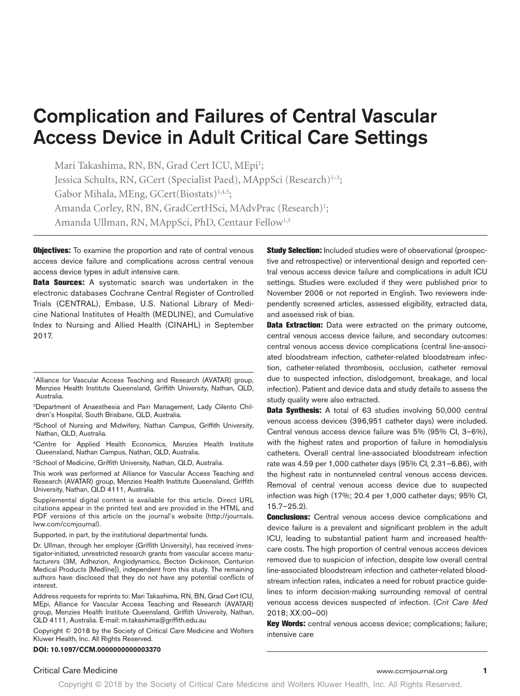 Complication and Failures of Central Vascular Access Device in Adult Critical Care Settings