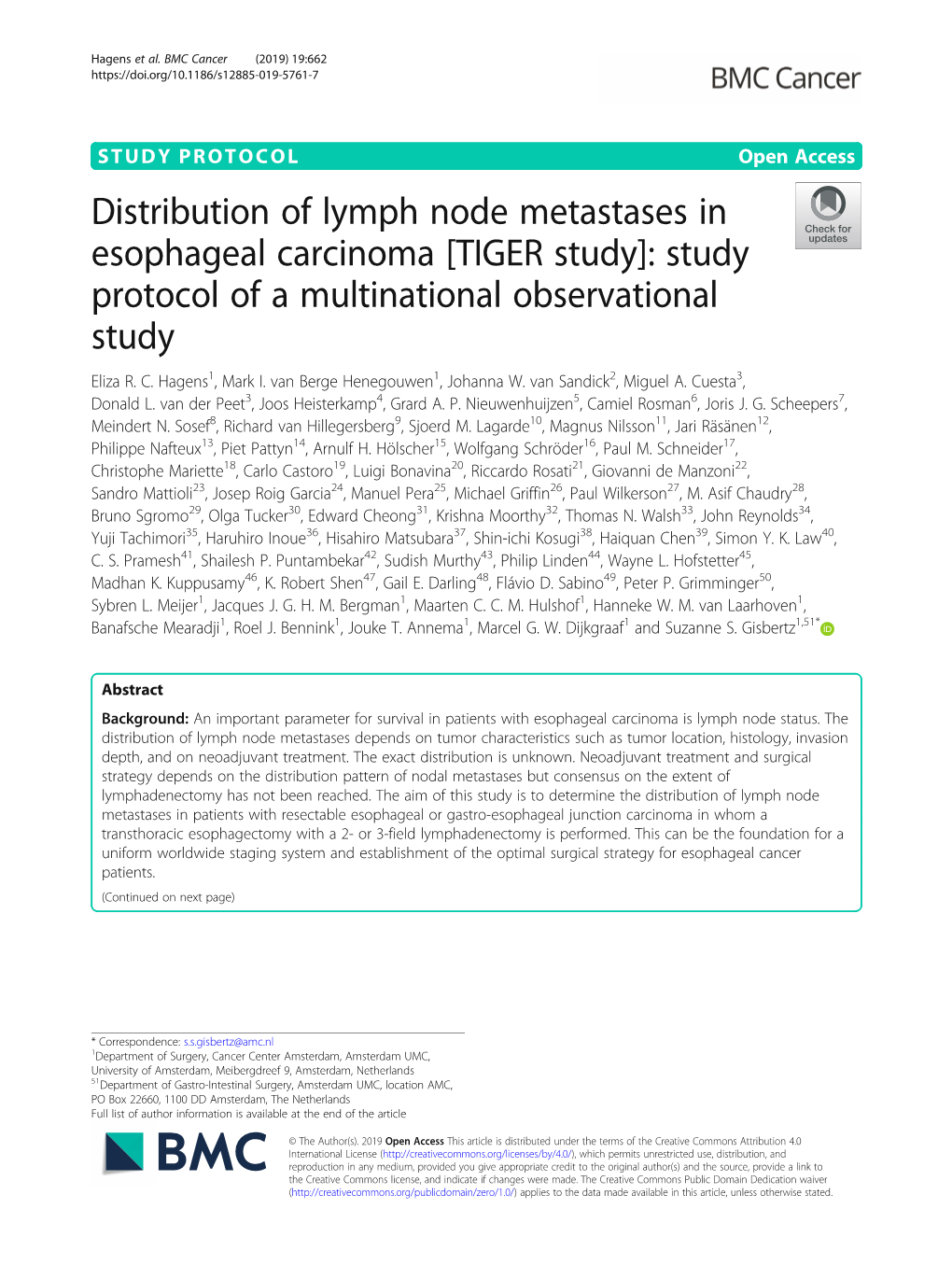 Distribution of Lymph Node Metastases in Esophageal Carcinoma [TIGER Study]: Study Protocol of a Multinational Observational Study Eliza R