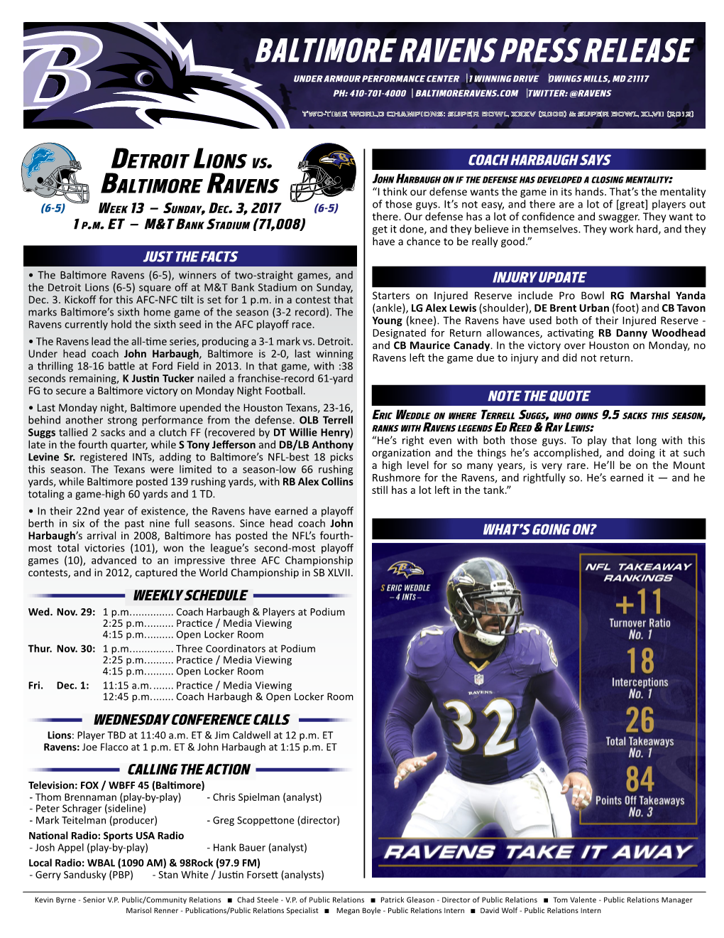 Baltimore Ravens Press Release Under Armour Performance Center 1 Winning Drive Owings Mills, Md 21117 Ph: 410-701-4000 Baltimoreravens.Com Twitter: @Ravens