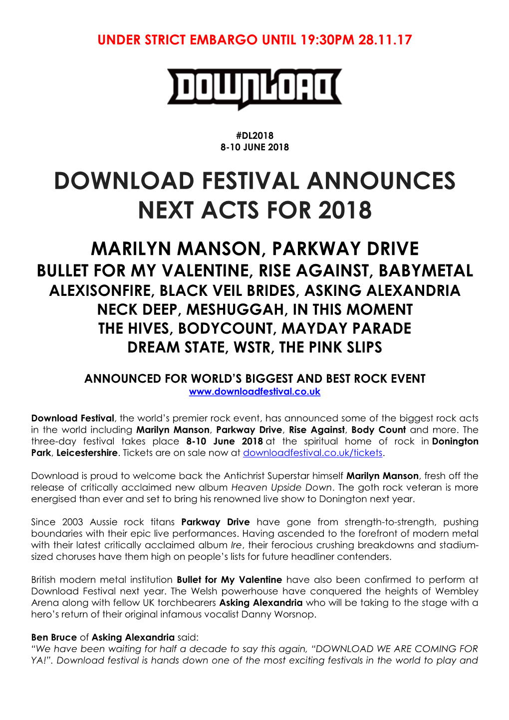 Download Festival Announces Next Acts for 2018