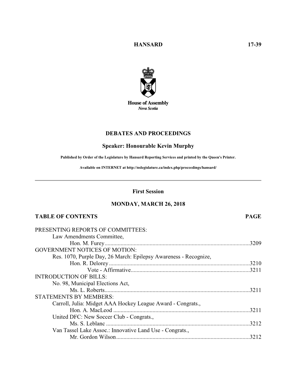 HANSARD 17-39 DEBATES and PROCEEDINGS Speaker