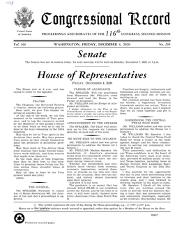 Congressional Record United States Th of America PROCEEDINGS and DEBATES of the 116 CONGRESS, SECOND SESSION