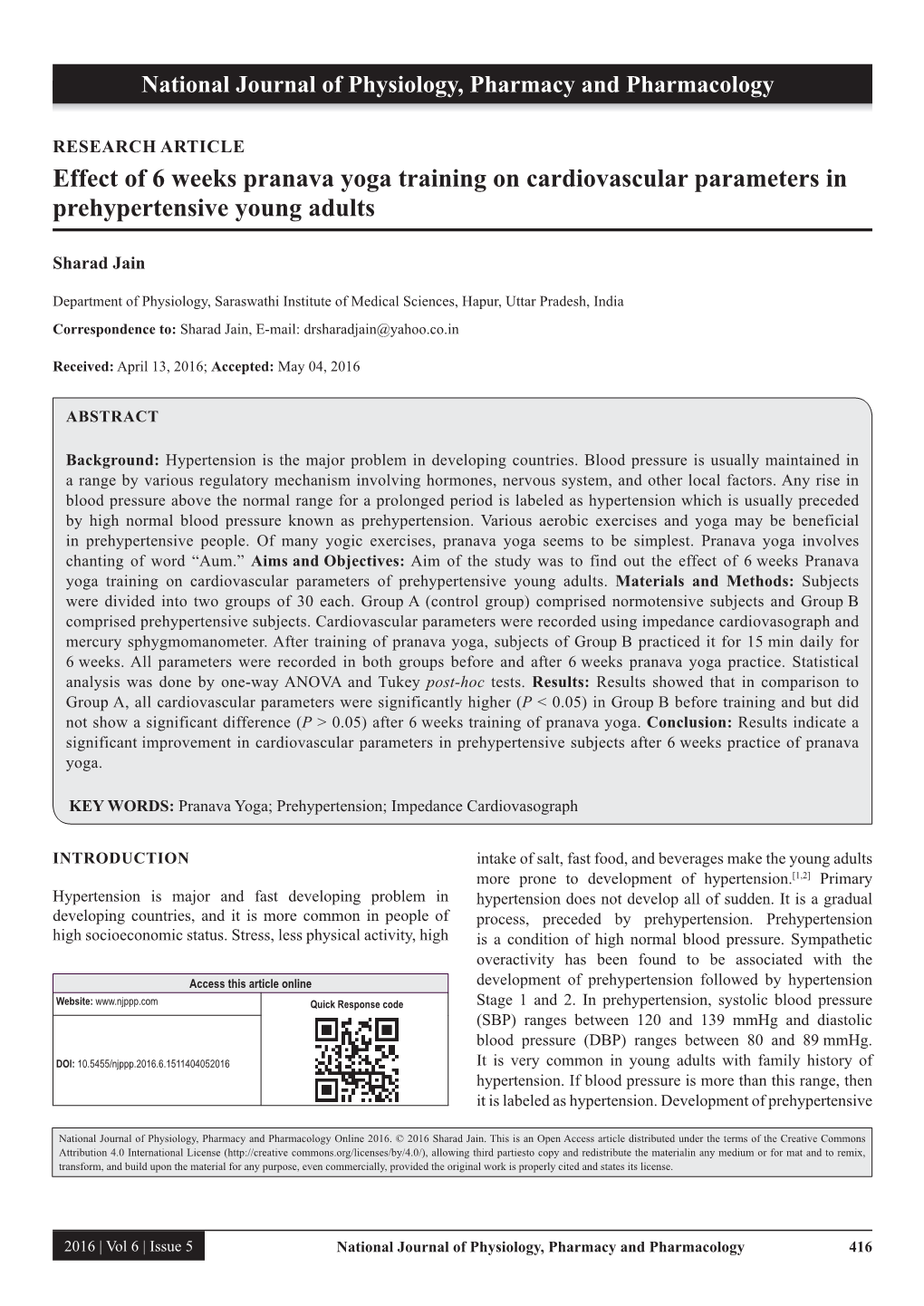 Effect of 6 Weeks Pranava Yoga Training on Cardiovascular Parameters in Prehypertensive Young Adults