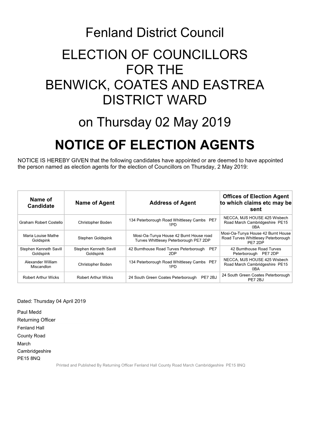 Fenland District Council ELECTION of COUNCILLORS for THE