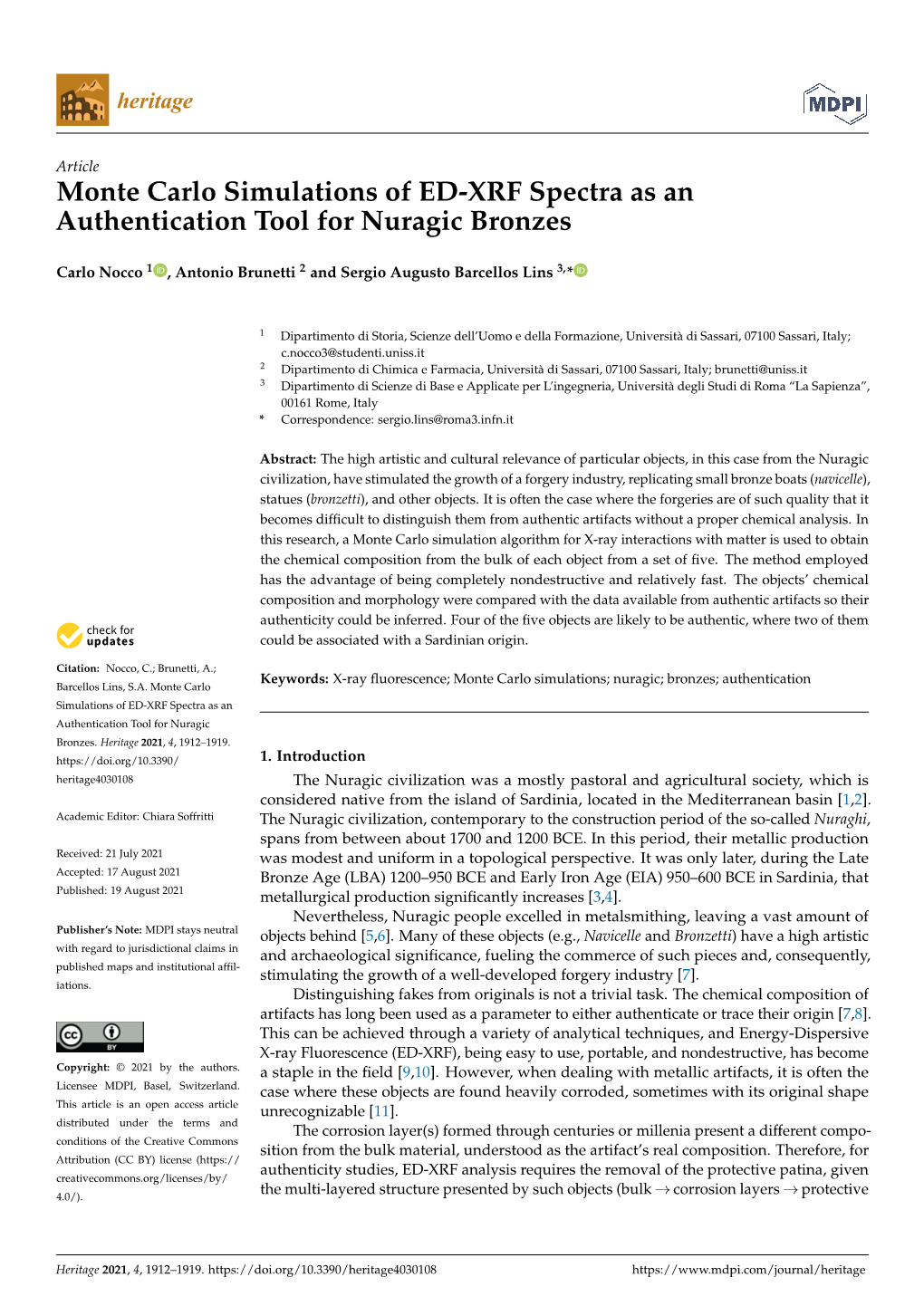 Monte Carlo Simulations of ED-XRF Spectra As an Authentication Tool for Nuragic Bronzes