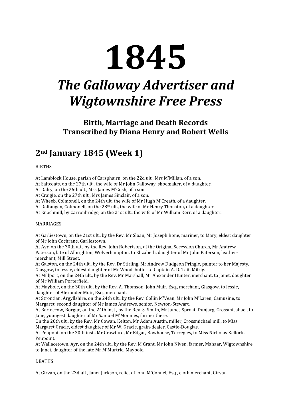 1845 the Galloway Advertiser and Wigtownshire Free Press