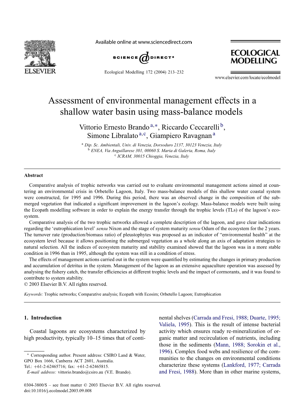 Assessment of Environmental Management Effects in a Shallow