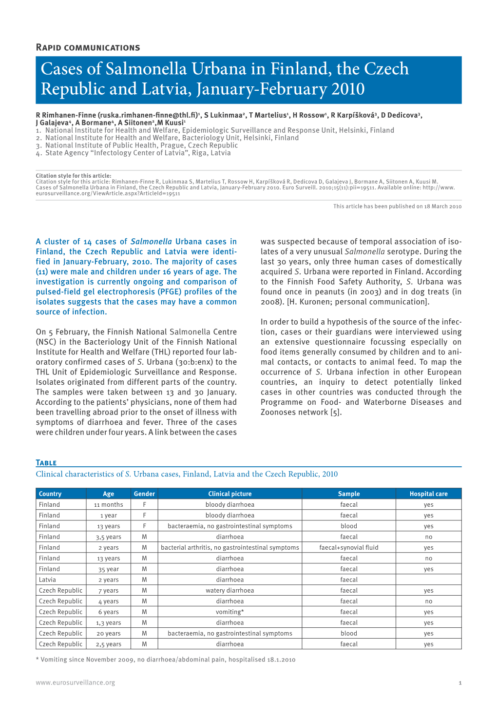 Cases of Salmonella Urbana in Finland, the Czech Republic and Latvia, January-February 2010