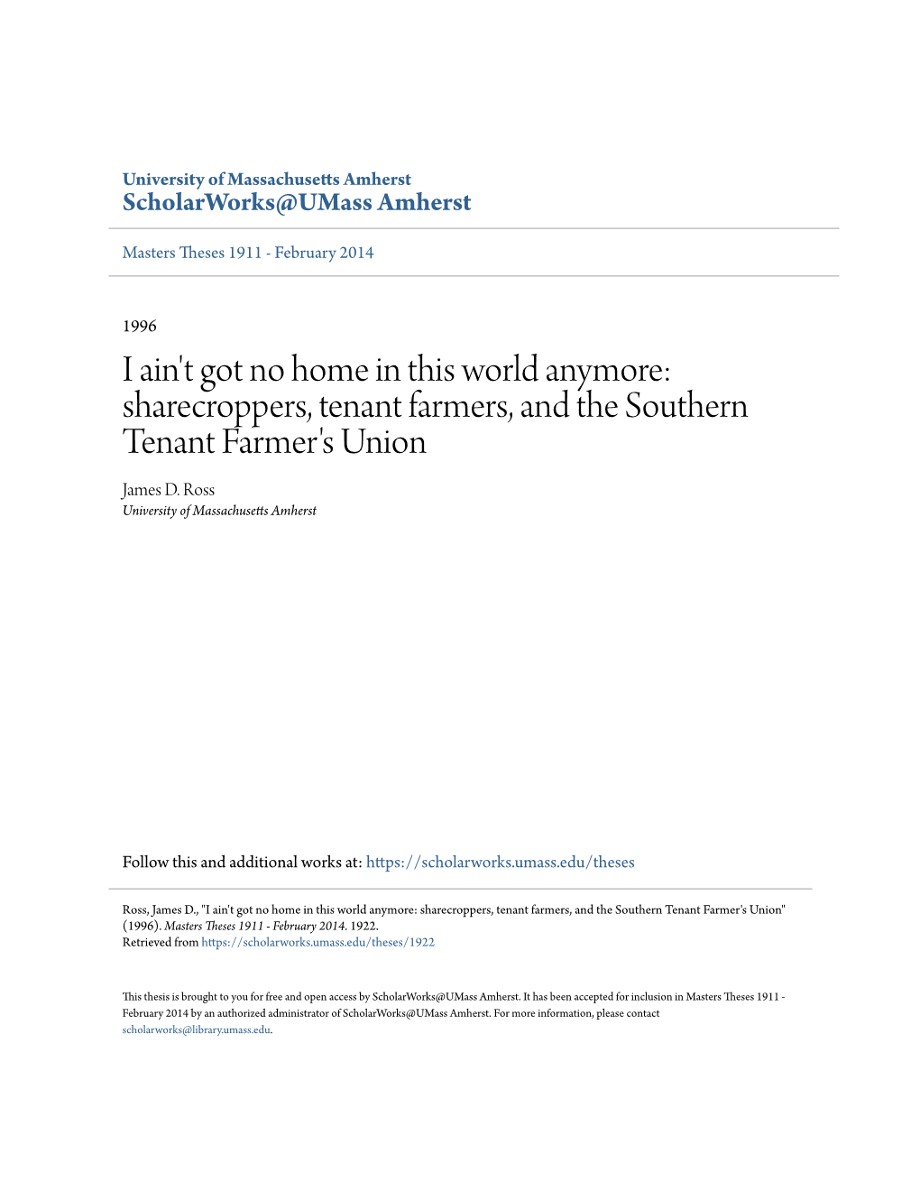 Sharecroppers, Tenant Farmers, and the Southern Tenant Farmer's Union James D