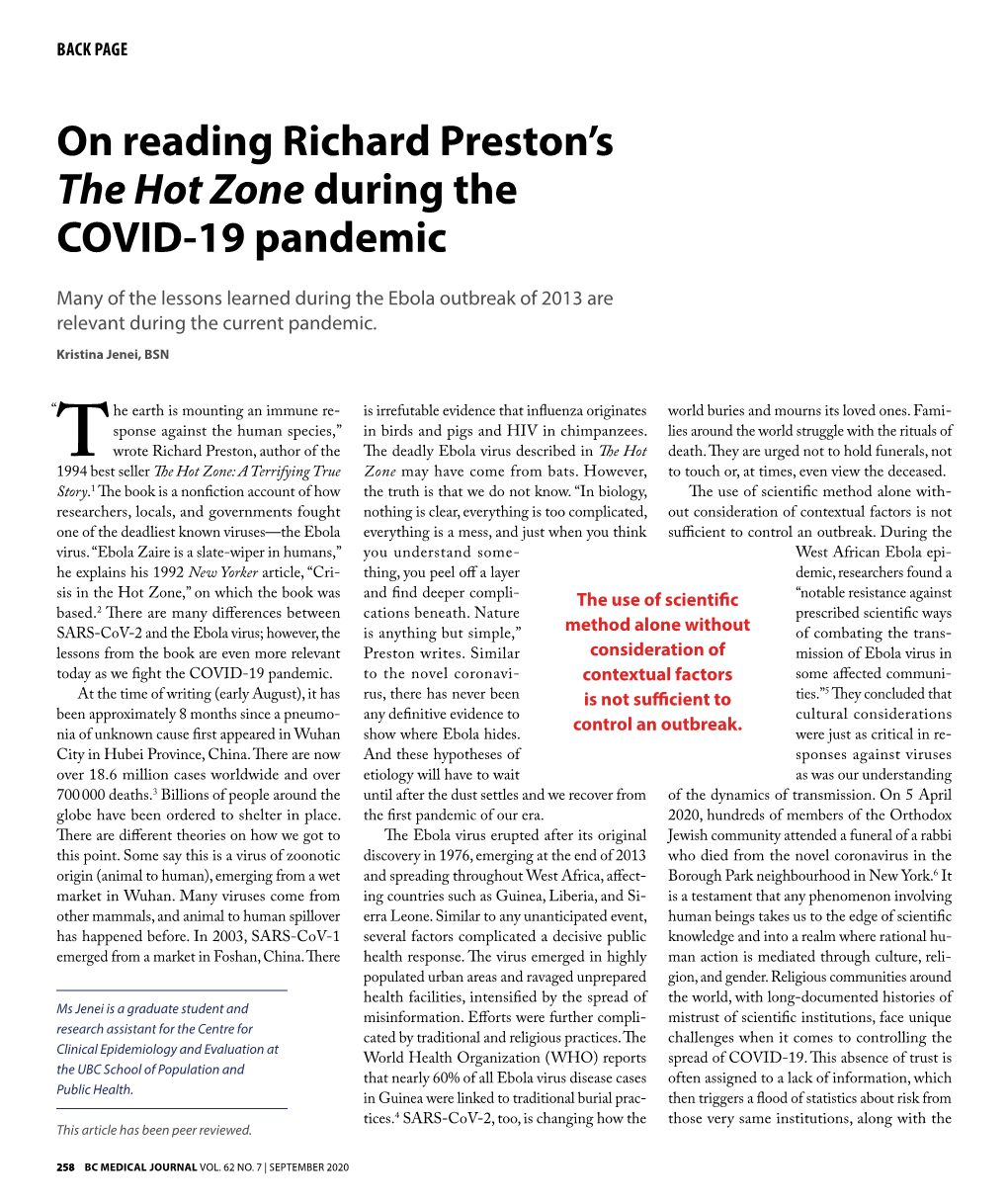 On Reading Richard Preston's the Hot Zone During the COVID-19 Pandemic