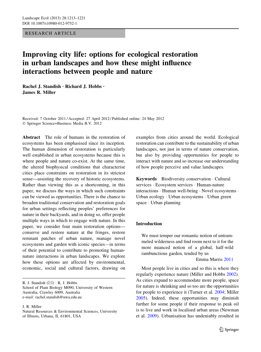 Improving City Life: Options for Ecological Restoration in Urban Landscapes and How These Might Inﬂuence Interactions Between People and Nature
