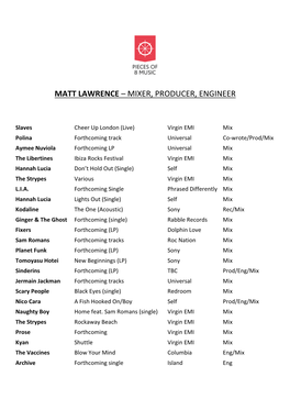 Matt Lawrence – Mixer, Producer, Engineer