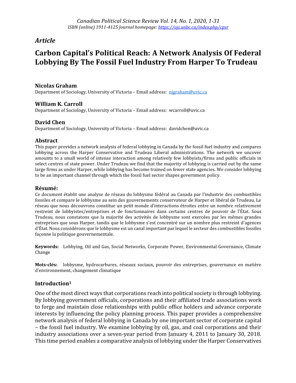 Carbon Capital's Political Reach: a Network Analysis of Federal Lobbying by the Fossil Fuel Industry from Harper to Trudeau