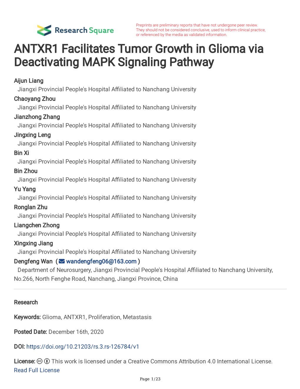 ANTXR1 Facilitates Tumor Growth in Glioma Via Deactivating MAPK Signaling Pathway