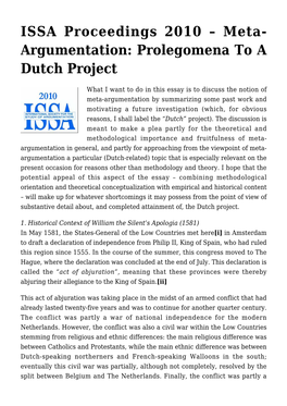 Meta-Argumentation by Summarizing Some Past Work and Motivating a Future Investigation (Which, for Obvious Reasons, I Shall Label the “Dutch” Project)