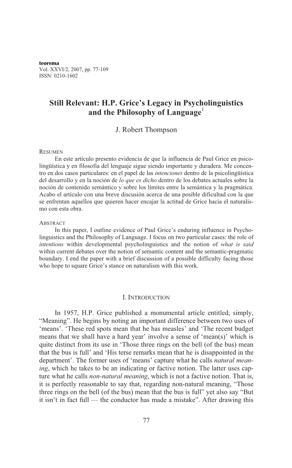 HP Grice's Legacy in Psycholinguistics and The