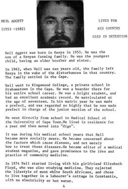 Neil Aggett (1953 -1982) Lived for His Country Died In