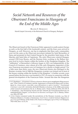 Social Network and Resources of the Observant Franciscans in Hungary at the End of the Middle Ages