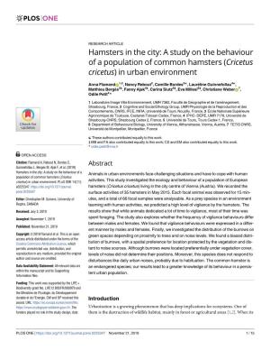 Hamsters in the City: a Study on the Behaviour of a Population of Common Hamsters (Cricetus Cricetus) in Urban Environment
