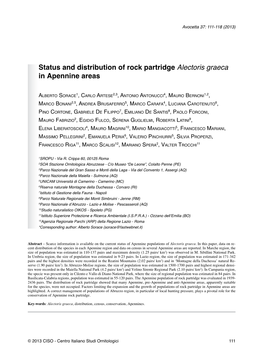 Status and Distribution of Rock Partridge Alectoris Graeca in Apennine Areas