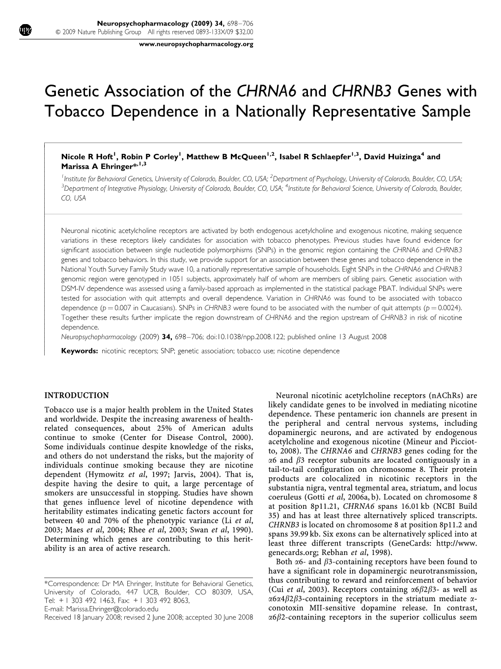 Genetic Association of the CHRNA6 and CHRNB3 Genes with Tobacco Dependence in a Nationally Representative Sample