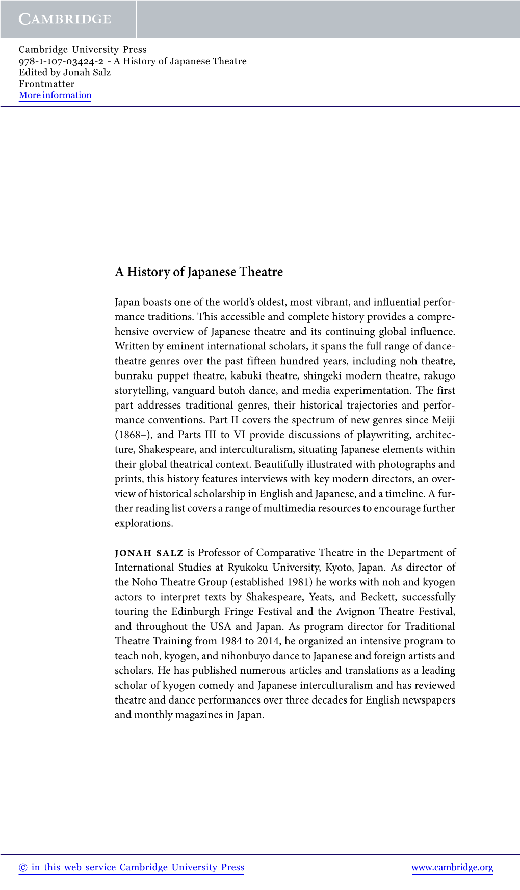 A History of Japanese Theatre Edited by Jonah Salz Frontmatter More Information