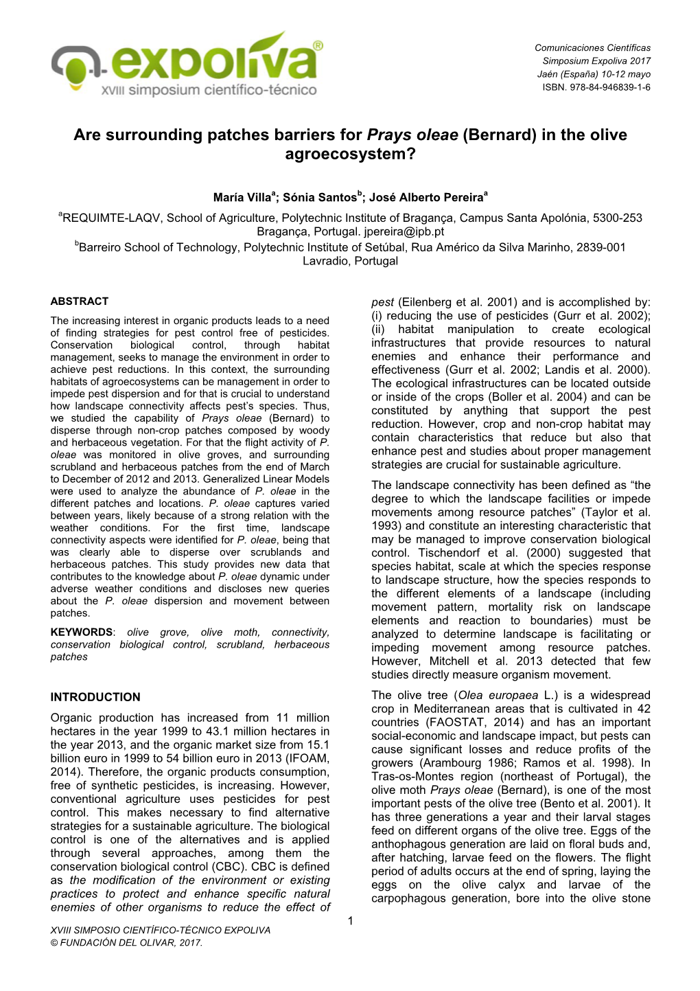 Are Surrounding Patches Barriers for Prays Oleae (Bernard) in the Olive Agroecosystem?