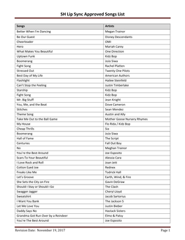 SH Lip Sync Approved Songs List