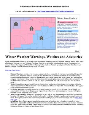 Winter Weather Warnings, Watches and Advisories