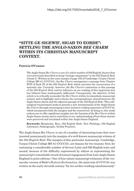 “Sitte Ge Sigewif, Sigað to Eorðe”: Settling the Anglo-Saxon Bee Charm Within Its Christian Manuscript Context