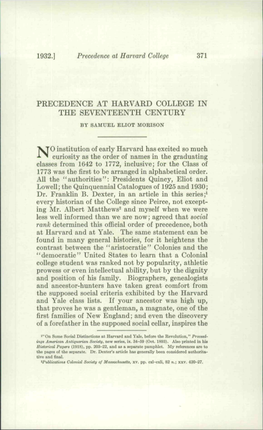 Precedence at Harvard College in the Seventeenth Century