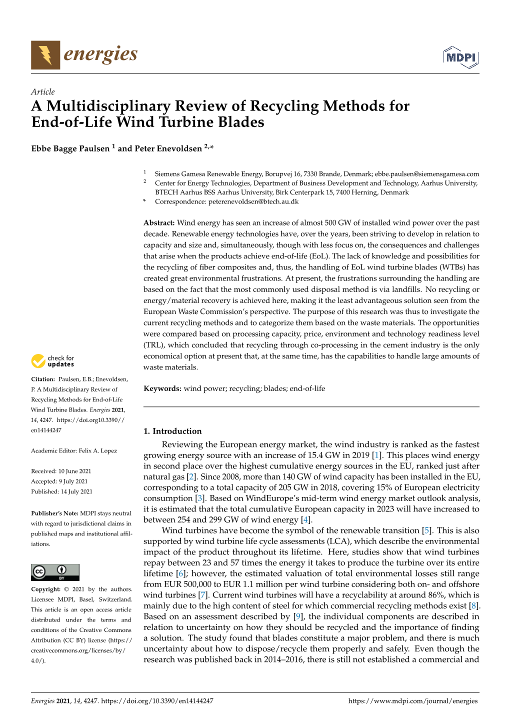 A Multidisciplinary Review of Recycling Methods for End-Of-Life Wind Turbine Blades