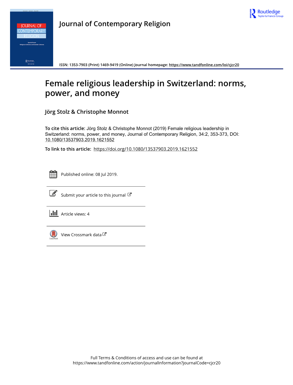 Female Religious Leadership in Switzerland: Norms, Power, and Money