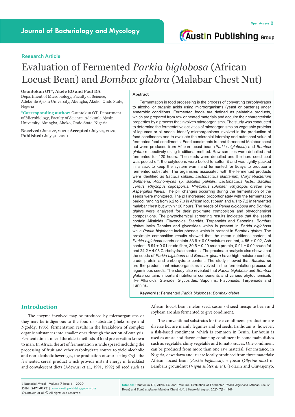 Evaluation of Fermented Parkia Biglobosa (African Locust Bean) and Bombax Glabra (Malabar Chest Nut)