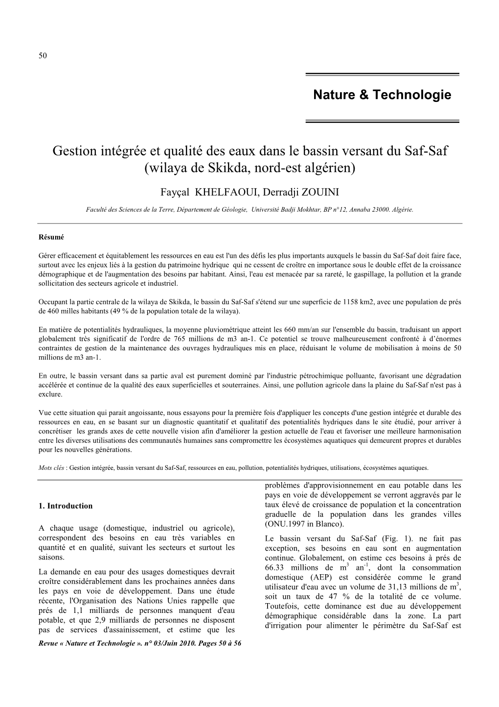 Gestion Intégrée Et Qualité Des Eaux Dans Le Bassin Versant Du Saf-Saf (Wilaya De Skikda, Nord-Est Algérien)