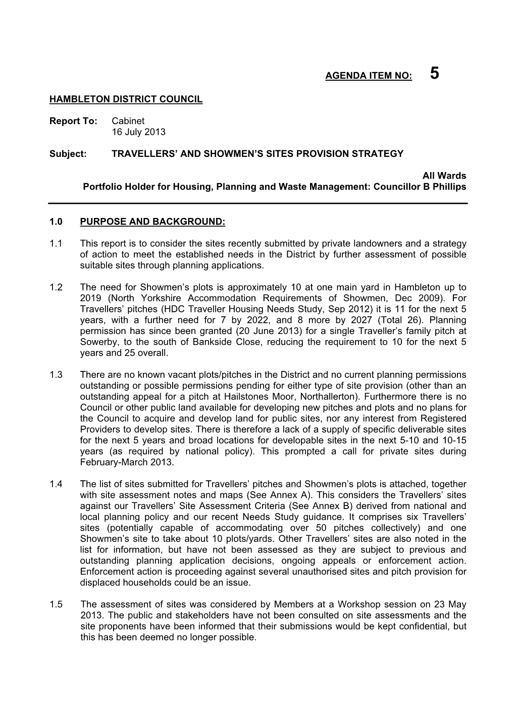 AGENDA ITEM NO: HAMBLETON DISTRICT COUNCIL Report To