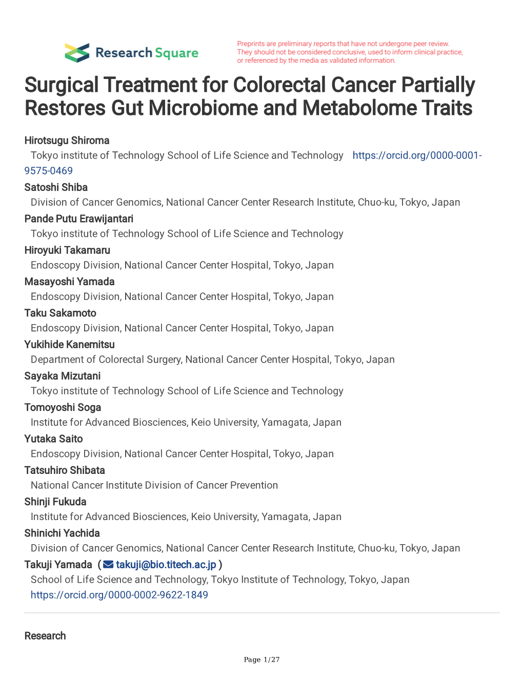 Surgical Treatment for Colorectal Cancer Partially Restores Gut Microbiome and Metabolome Traits