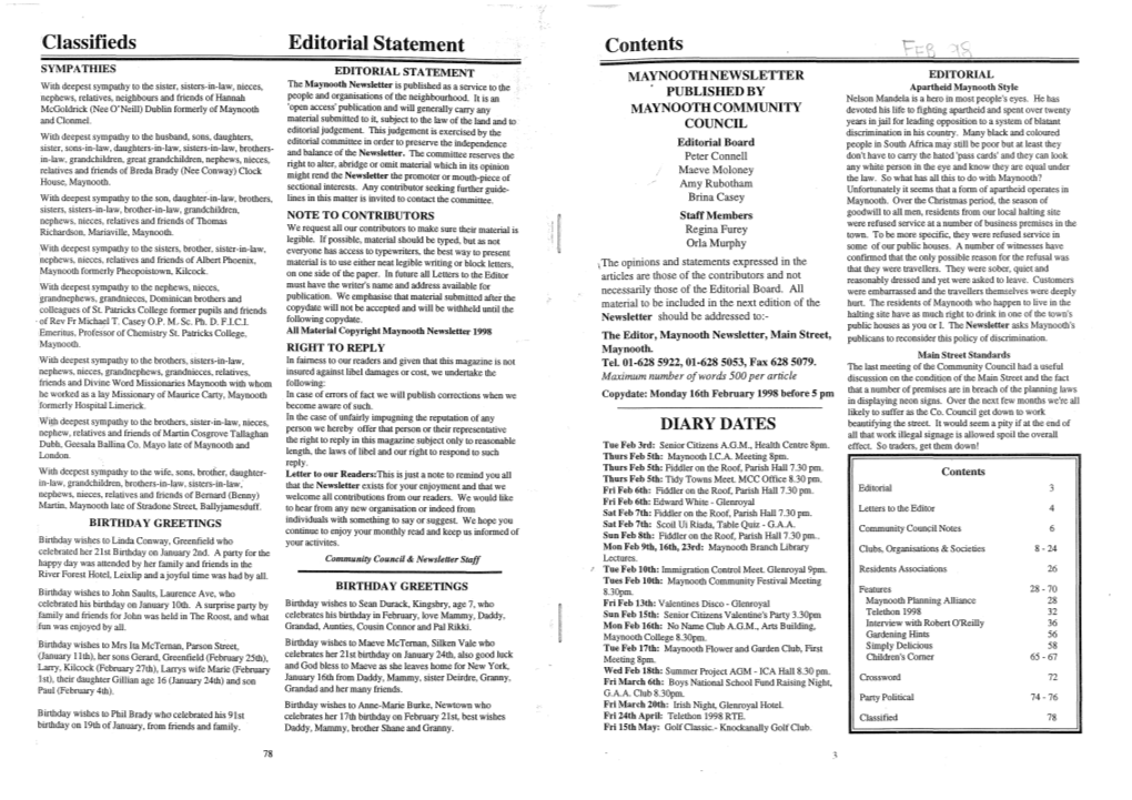 Classifieds Editorial Statement Contents