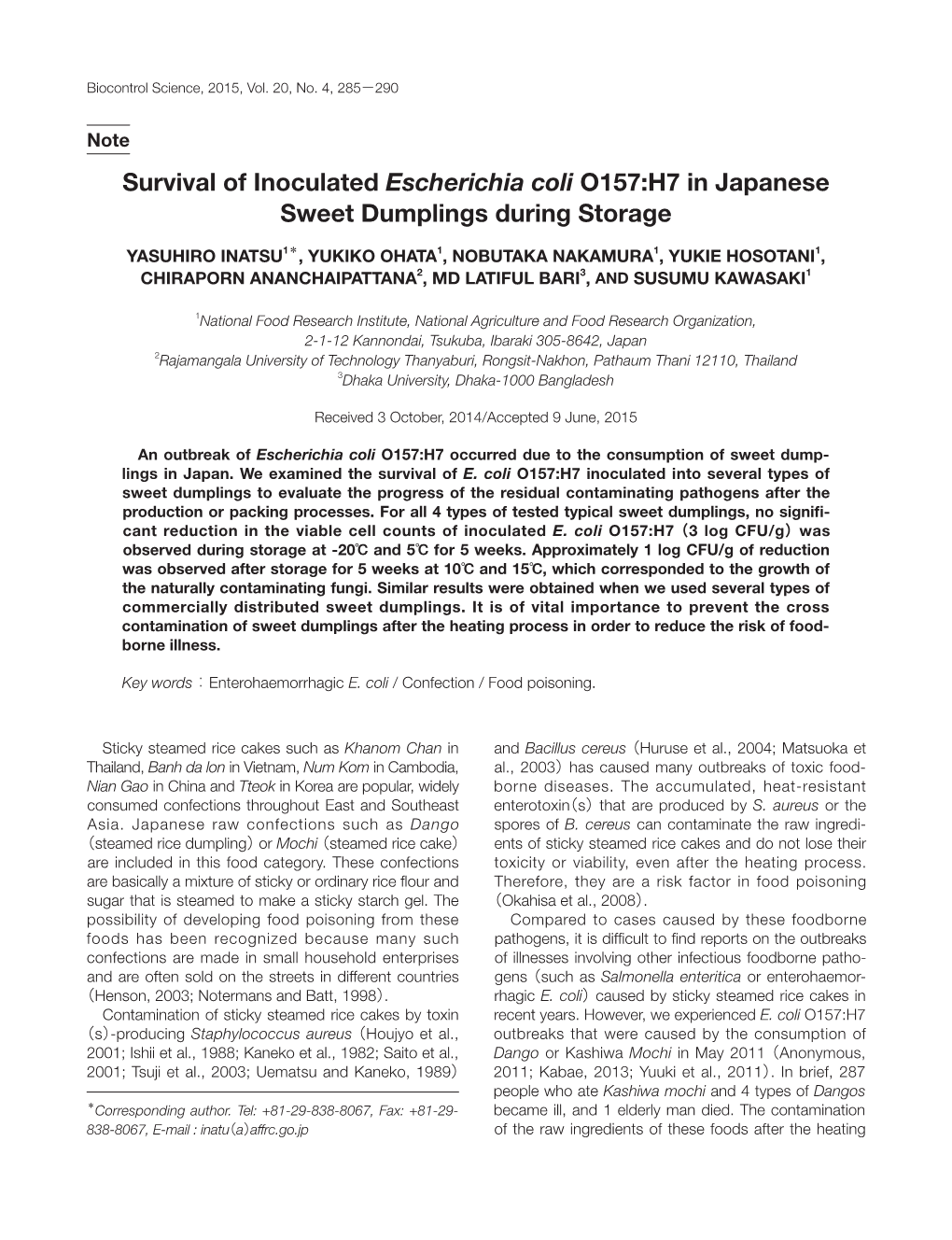 Survival of Inoculated Escherichia Coli O157:H7 in Japanese Sweet Dumplings During Storage