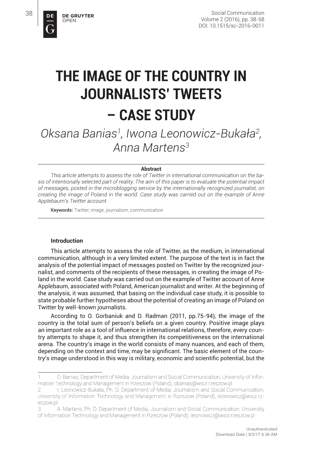 The Image of the Country in Journalists' Tweets – Case Study