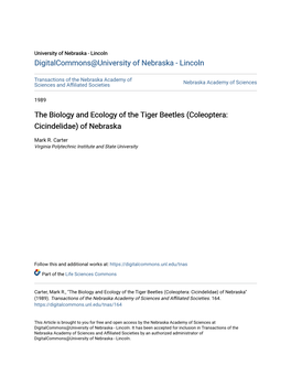 The Biology and Ecology of the Tiger Beetles (Coleoptera: Cicindelidae) of Nebraska